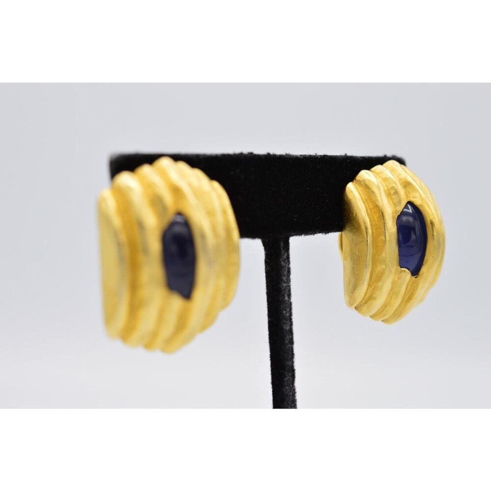 Givenchy Vintage Cabochon Clip On Earrings Brushed Gold Blue Chunky Signed BinX - Picture 5 of 12